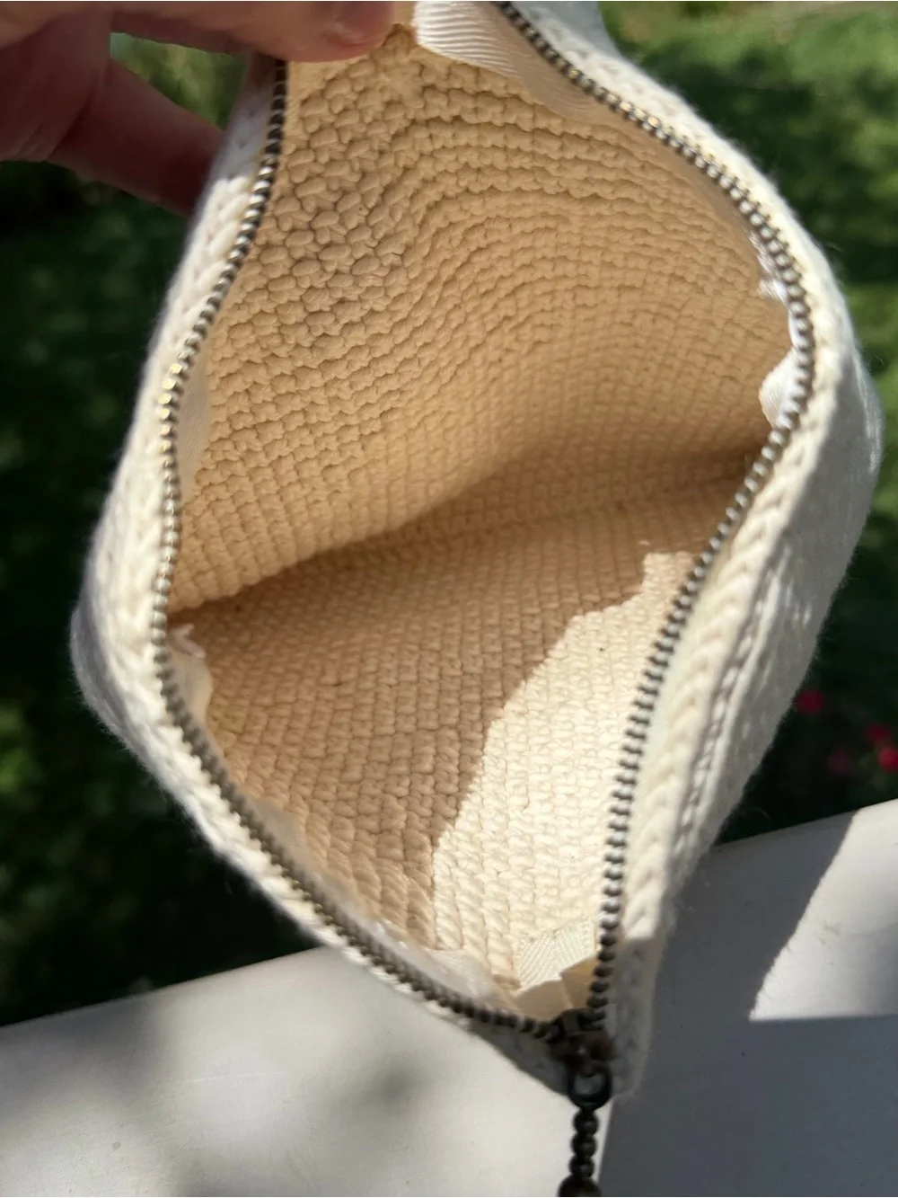 Hand Crafted Cream Woven Triangle Wristlet with Wrapped Ring Handle